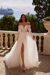 White Wedding Dress Sweetheart A Line Off The Shoulder Long Sleeve Split Front Tulle Bridal Gown With Appliques And Handmake Flowers