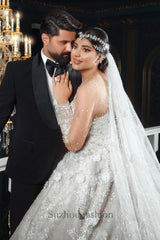 White Wedding Dress Sweetheart Beaded Illusion Sleeves Sequined Ball Gown Long Tulle Bridal Gown With Pearls And Appliques