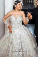 White Wedding Dress Sweetheart Beaded Illusion Sleeves Sequined Ball Gown Long Tulle Bridal Gown With Pearls And Appliques