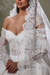 White Wedding Dress Sweetheart Off The Shoulder Long Sleeves Ball Gown Cathedral Train Lace Bridal Gown