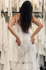 White Wedding Dress Sweetheart Spaghetti Strap Mermaid Sleeveless Tulle Court Train Long Lace Bridal Gown With Appliques