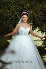 White Wedding Dress Sweetheart Spaghetti Strap Sleeveless Ball Gown Tulle Bridal Gown With Pearls And Appliques