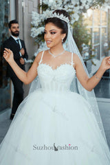 White Wedding Dress Sweetheart Spaghetti Strap Sleeveless Ball Gown Tulle Bridal Gown With Pearls And Appliques