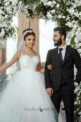White Wedding Dress Sweetheart Spaghetti Strap Sleeveless Ball Gown Tulle Bridal Gown With Pearls And Appliques