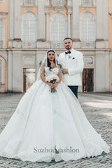 White Wedding Dress Sweetheart Spaghetti Strap Sleeveless Sequined Ball Gown Long Tulle Bridal Gown With Appliques