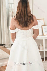 White Wedding Dress Sweetheart V Neck Off The Shoulder A Line Sleeveless Sweep Train Satin Bridal Gown