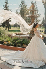 White Wedding Dress V Neck Lace Sequined Ball Gown Long Sleeves Cathedral Train Bridal Gown