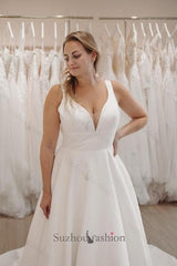 White Wedding Dress V Neck Spaghetti Strap A Line Sleeveless Sweep Train Satin Bridal Gown