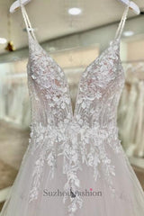 White Wedding Dress V Neck Spaghetti Strap A Line Sleeveless Tulle Bridal Gown With Appliques