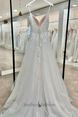 White Wedding Dress V Neck Spaghetti Strap A Line Sleeveless Tulle Bridal Gown With Appliques
