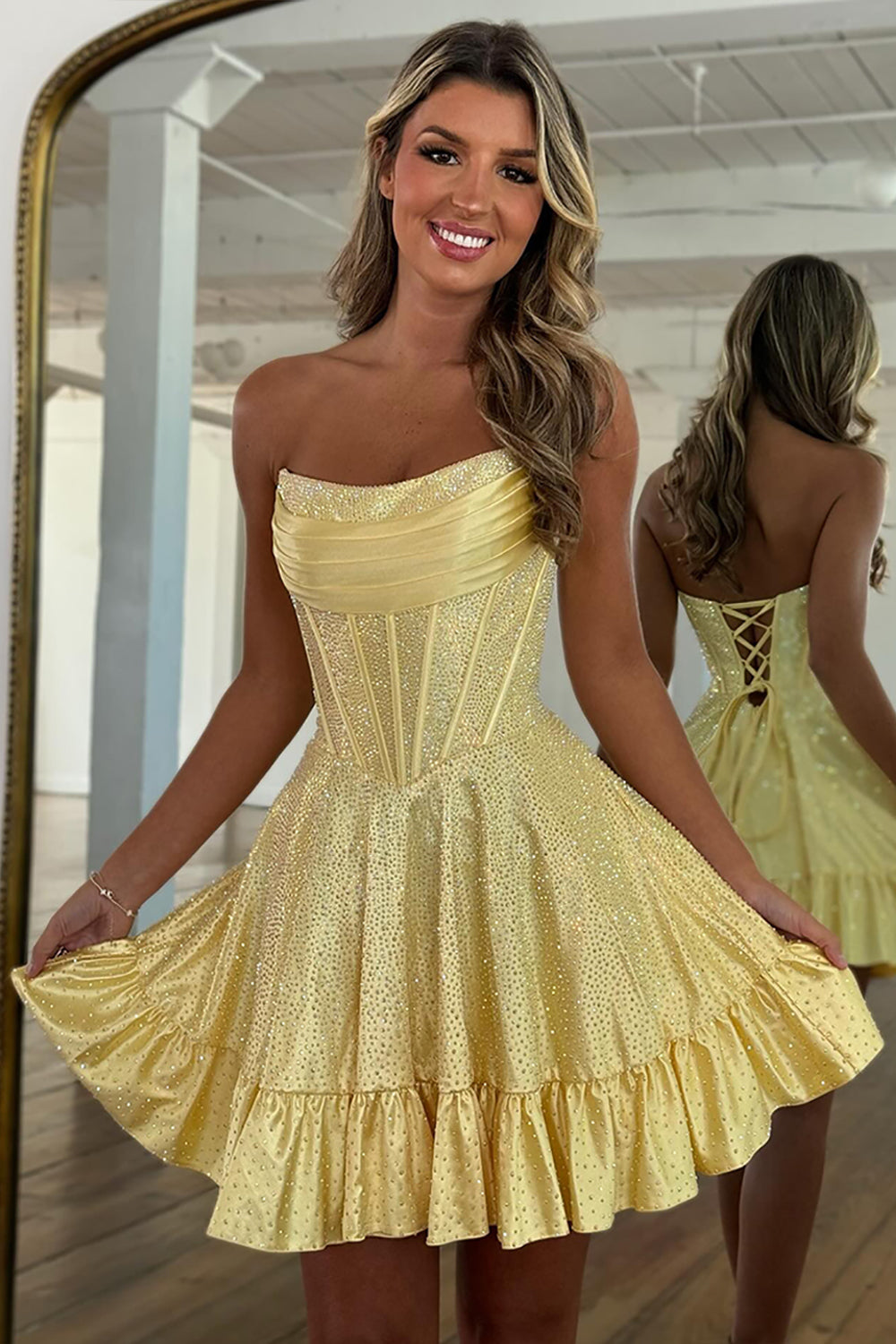 Suzhoufashion Yellow Beaded Homecoming Dresses Strapless Short Corset Cocktail Dresses Suzhoufashion Yellow Beaded Homecoming Dresses Strapless Short Corset Cocktail Dresses