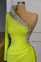 Yellow Green Long Sleeves One Shoulder Evening Prom Dresses Mermaid With Beads