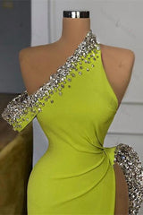 Yellow Green One Shoulder Mermaid Evening Prom Dresses Slit Long With Crystals