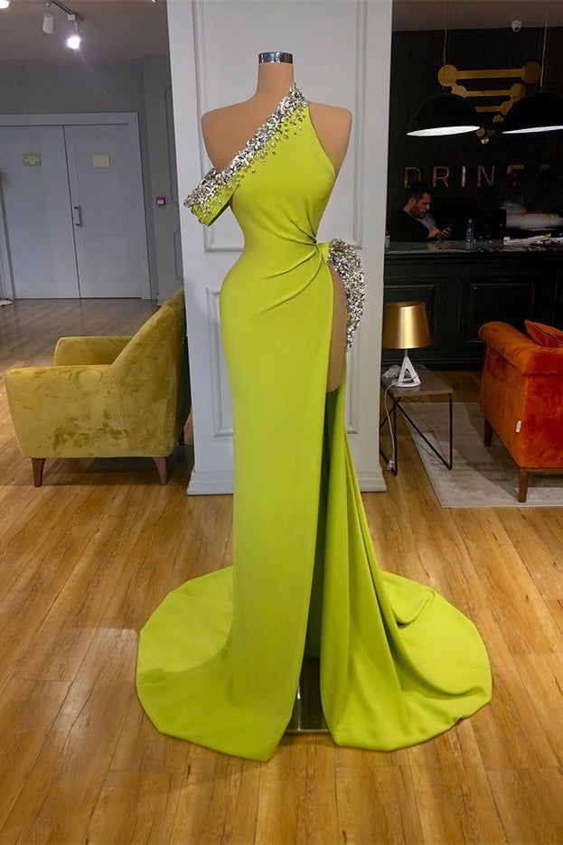 Yellow Green One Shoulder Mermaid Evening Prom Dresses Slit Long With Crystals