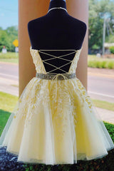 Yellow Homecoming Dresses A Line Halter Backless Prom Dress