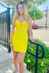Yellow Homecoming Dresses Beaded Satin Tight Short Cocktail Dresses