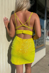 Yellow Homecoming Dresses Deep V-Neck Sequin Tight Prom Dress