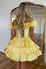 Yellow Homecoming Dresses Off The Shoulder Corset Short Cocktail Dresses With Ruffles
