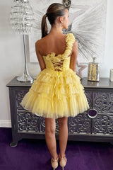 Yellow Homecoming Dresses One Shoulder Ruffled A-Line Short Cocktail Dresses