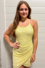 Yellow Homecoming Dresses Sequin Asymmetrical Tight Prom Dress