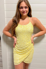 Yellow Homecoming Dresses Sequin Asymmetrical Tight Prom Dress
