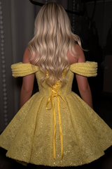 Yellow Lace A Line Homecoming Dress with Off Shoulder and Lace-Up Back