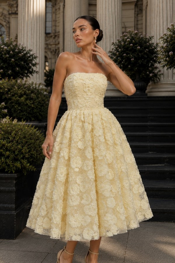 Yellow Lace A Line Prom Dress with Pearl-Center 3D Flowers
