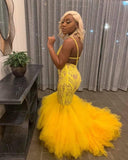 Yellow Mermaid Lace Puffy Tulle Open back Long Prom Dress