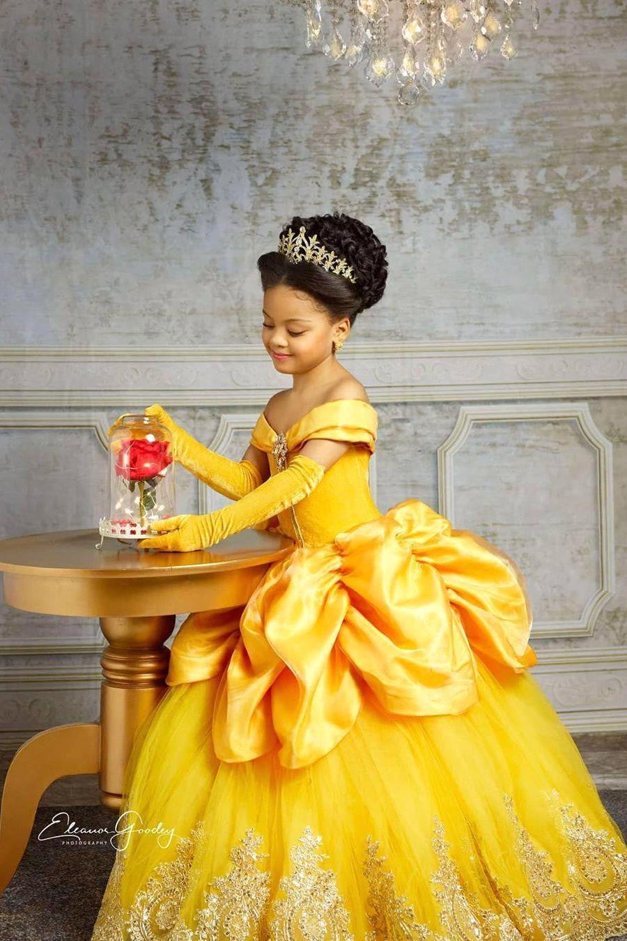 Yellow Princess Girl Dress With Lace Off-the-Shoulder Velvet Tulle Pegant Dress for Kids