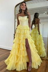 Navy Prom Dress A Line Strapless Corset Long Chiffon Formal Dress