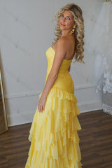 Yellow Prom Dress Chiffon Sweetheart Ruffled Long Formal Dress With Slit