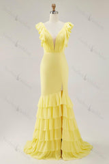 Yellow Prom Dress Chiffon V-Neck Long Mermaid Ruffles Formal Dress With Slit