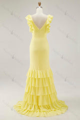 Yellow Prom Dress Chiffon V-Neck Long Mermaid Ruffles Formal Dress With Slit