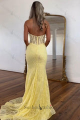 Yellow Prom Dress Lace Mermaid Halter Corset Long Formal Dress