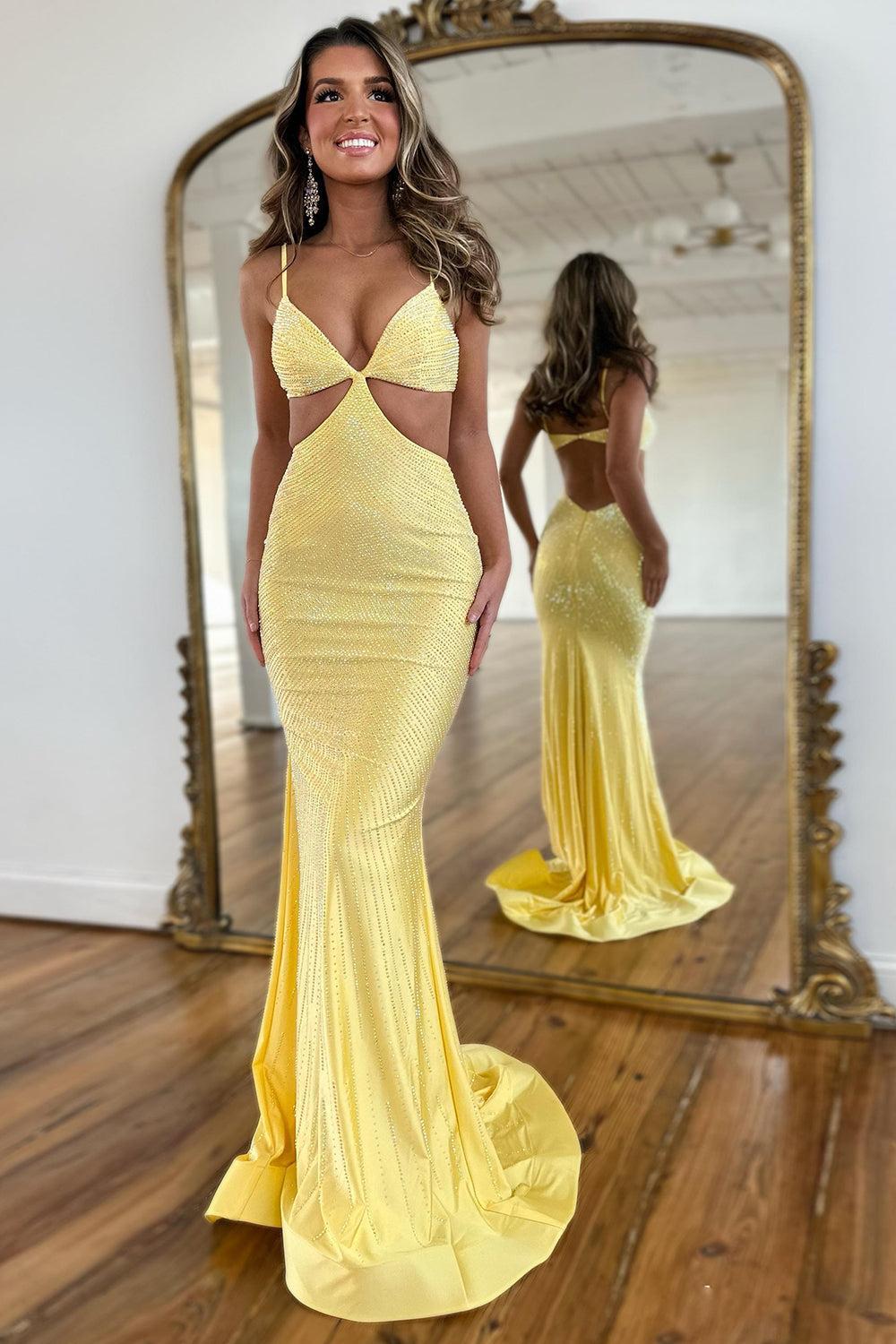 Suzhoufashion Yellow Prom Dress Spaghetti Straps Mermaid Hollow Out Satin Formal Dress Suzhoufashion Yellow Prom Dress Spaghetti Straps Mermaid Hollow Out Satin Formal Dress