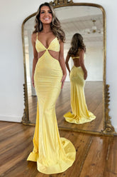 Yellow Prom Dress Spaghetti Straps Mermaid Hollow Out Satin Formal Dress