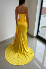 Yellow Satin Mermaid Prom Dress with Draped Side Train and High Slit