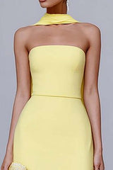 Suzhoufashion Yellow Sheath Neck Scarf Strapless Long Prom Dress With Slit