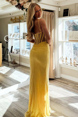 Suzhoufashion Yellow Spaghetti Straps Mermaid Gown With High Slit Prom Dress Formal Evening Gown