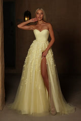 Yellow Tulle A Line Prom Dress with 3D Flowers and High Slit