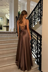 Suzhoufashion Brown Luxe Silk-Look Long Evening Dress With Fitted Bodice Formal Evening Gown
