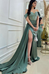 Long Satin Off-The-Shoulder Slit Front Sweetheart Prom Dresses with Lace