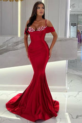 Suzhoufashion Mermaid Red Spaghetti Straps Sweetheart Off-The-Shoulder Long Satin Prom Dresses with Ruffles