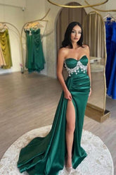 Suzhoufashion Slit Front Dark Green Satin Sweetheart Sleeveless Prom Dresses with Beadings