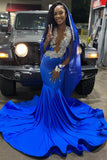 Suzhoufashion Royal Blue Deep V-neck Mermaid Court Train Long Prom Party Dresses