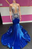 Suzhoufashion Royal Blue Halter Velvet Mermaid Silver Beaded Prom Party Dresses