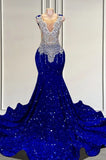 Suzhoufashion Royal Blue sequin Silver Beaded Mermaid Long V-neck Prom Party Dresses