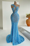 Suzhoufashion Ocean Blue Sequins One-Shoulder Mermaid Long Formal Dresses With Split