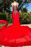 Suzhoufashion Deep V-neck Mermaid Ruby Feather Silver Beaded Prom Party Dresses