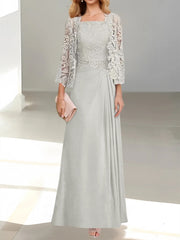 2 A Line Scoop Mother of the Bride Dress with Pleated & Lace Appliques Long